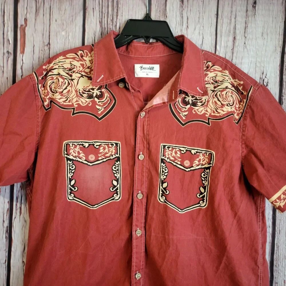 Boozelele XL Western Shirt Floral Paisley Drawn-On Pockets Button Terracotta